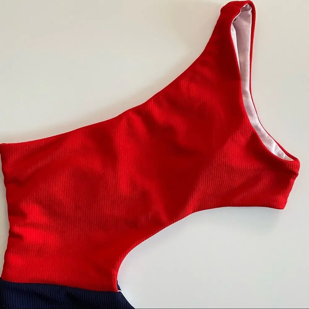 SHEIN Red Navy Colorblock One Shoulder Cut Out One Piece Swimsuit Size Large
